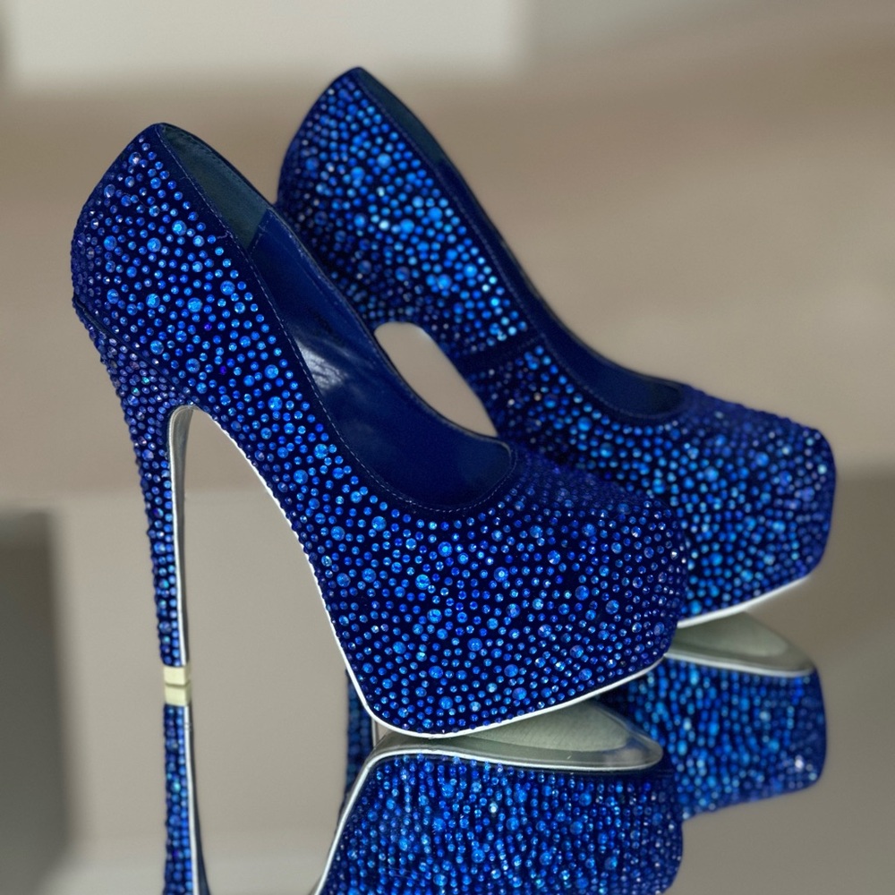 Sexy blue rhinestone 6in Mascotte heels size 8. Worn once! Royal blue bling.